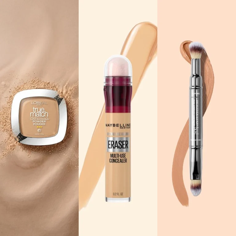 Makeup Maybelline New York Instant Age Rewind Eraser Multi-Use Concealer, IT Cosmetics Heavenly Luxe Dual Airbrush Concealer Brush, L’Oreal Paris True Match Super Blendable Powder.